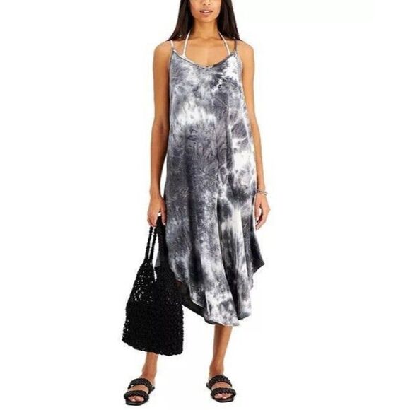 J VALDI Jumpsuit Tie-Dyed Print Flowy Cropped Charcoal Gray Cover Up Large - Picture 1 of 13
